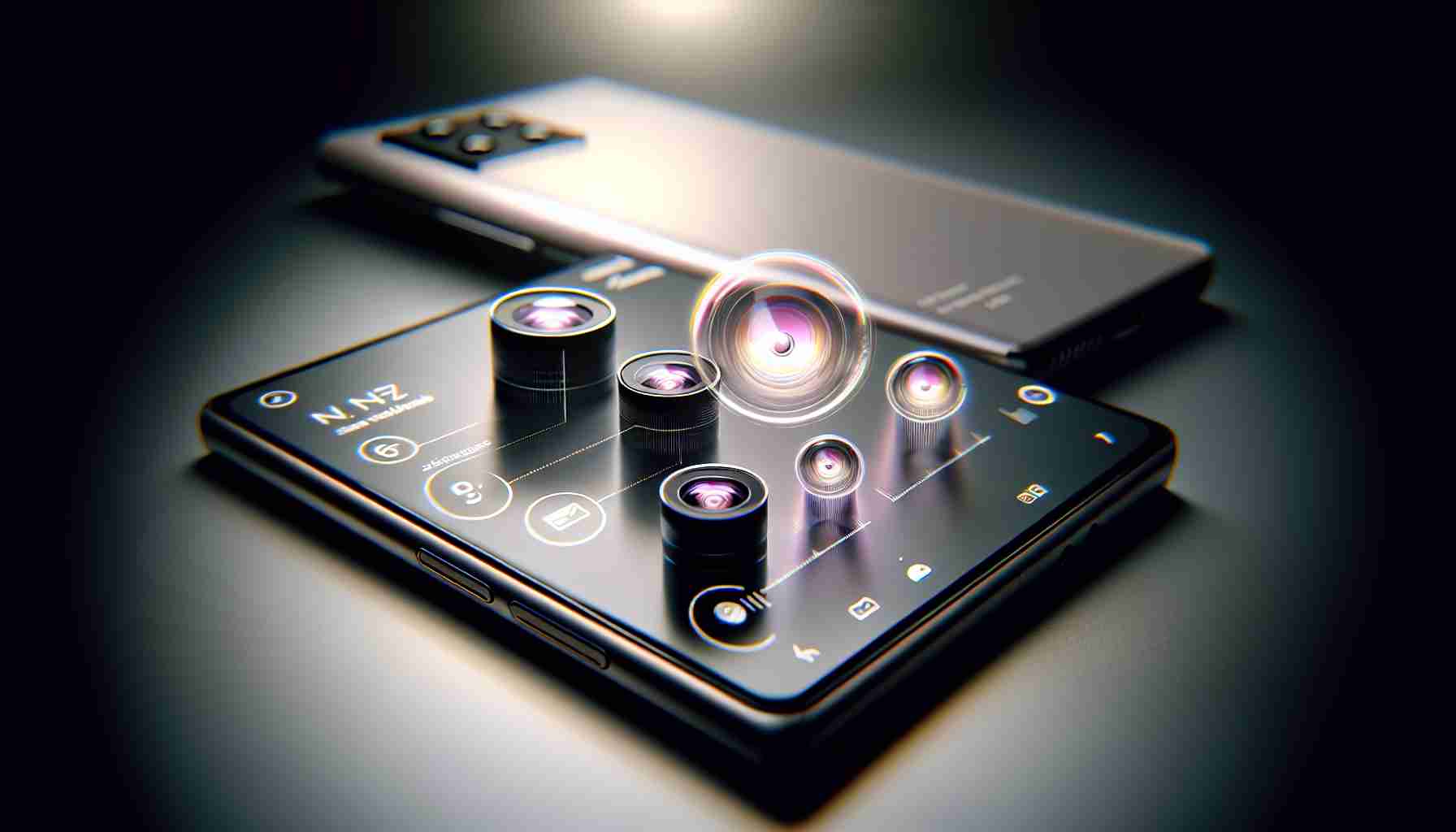 An ultra HD, realistic image showcasing the exciting features of a soon-to-be-released modern smartphone. The image should highlight the sleek design of the phone, its ultra-high-resolution display, several iconographic lens of the camera, a glimpse of a new and innovative user interface, a smooth and slim body, and a premium quality tactile surface. The color of the phone has a subtle, elegant tone. The background is minimalist with spotlight focused on the phone, thus enhancing the design features and implying an overall sense of forward-thinking technology.