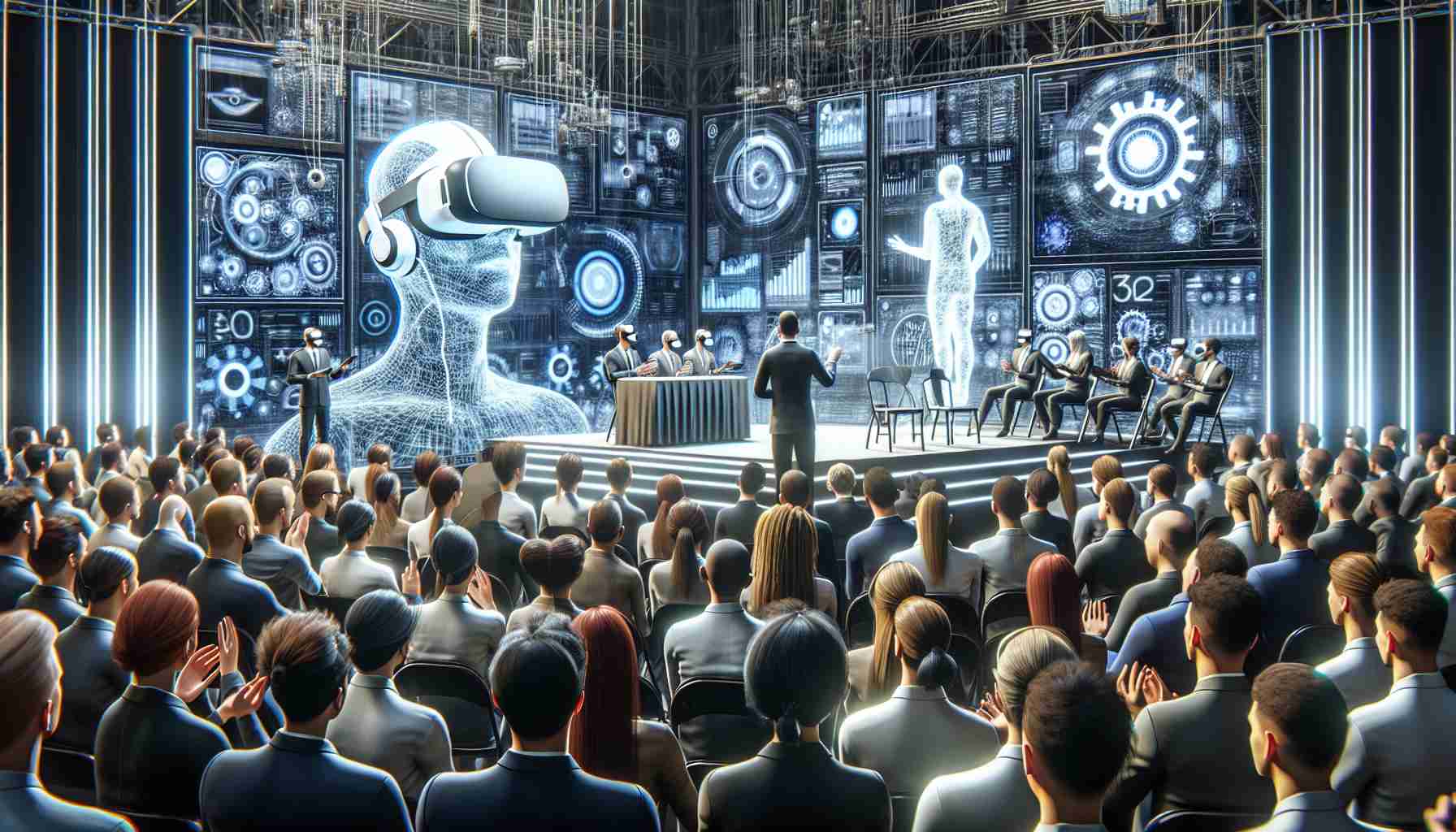 Highly detailed and realistic image showcasing the launch of a groundbreaking virtual reality feature by a leading AI research company. Depict an event filled with professionals of different descent and gender, demonstrating or experimenting with the new technology. The atmosphere should be filled with excitement and awe. Some attendees may be wearing VR headsets. Reflect innovation, progress, and the future of technology.