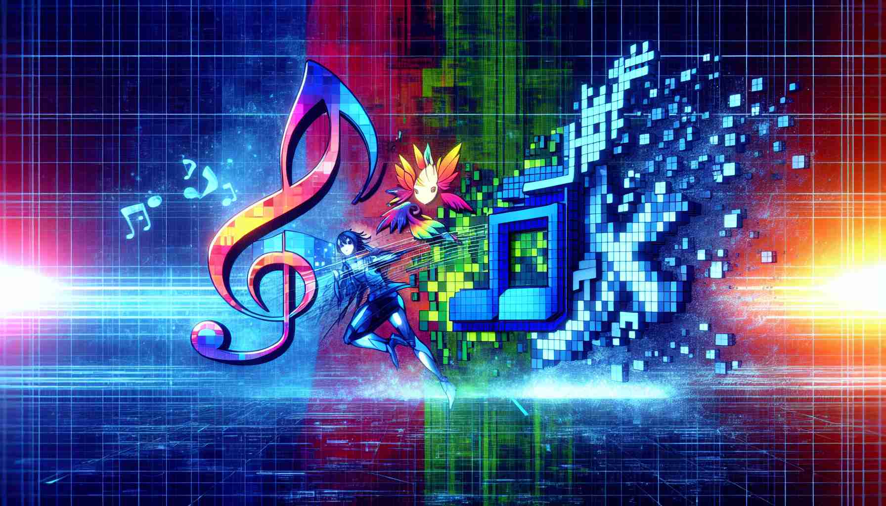 An interpretation of a futuristic high-definition image of a joint venture. It captured the essence of the music industry, anime production, and game development all coming together. These entities are represented by distinct symbols: a vibrant musical note for the music industry, a stylized anime character for anime production, and an impressive pixel art representation for game development. Please note that no specific companies or entities are represented in this image.