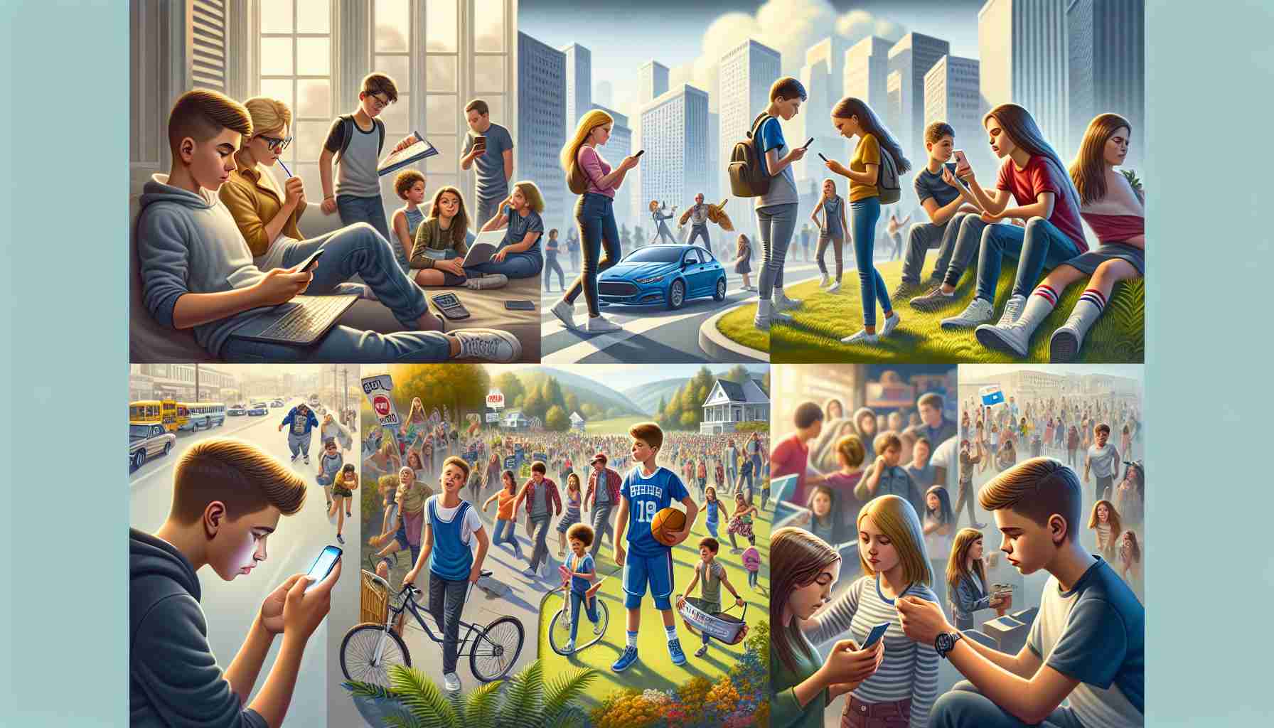 Create a highly detailed and realistic image that showcases the landscape of modern teen life. It should feature a variety of scenes, including teens engrossed in their smartphones, browsing social media, participating in extracurricular activities like music or sports, engaging in community service, and hanging out with friends. Include a variety of races. Some can be Caucasian, some Black, some Hispanic, some Middle-Eastern, some South-Asian. Both genders should be equally depicted. The setting should span both urban and suburban backdrops.