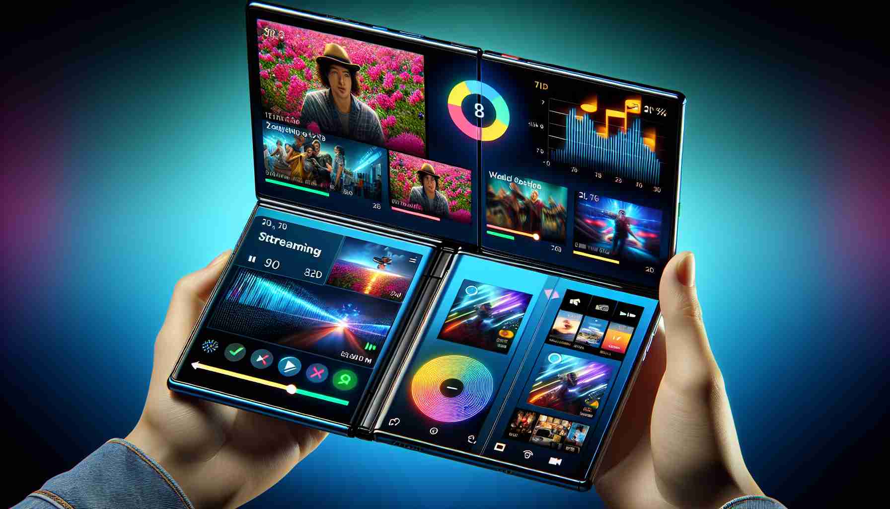 Detailed high-definition realistic image of an enhanced streaming experience on a modern dual-screen folding smartphone and a compact folding smartphone, visually similar to Samsung's Z Fold and Flip models without brand markings. The image shows a vibrant video playing on the primary screen, while various control options and additional information display on the secondary screen, demonstrating the advantages of the unique form factor.