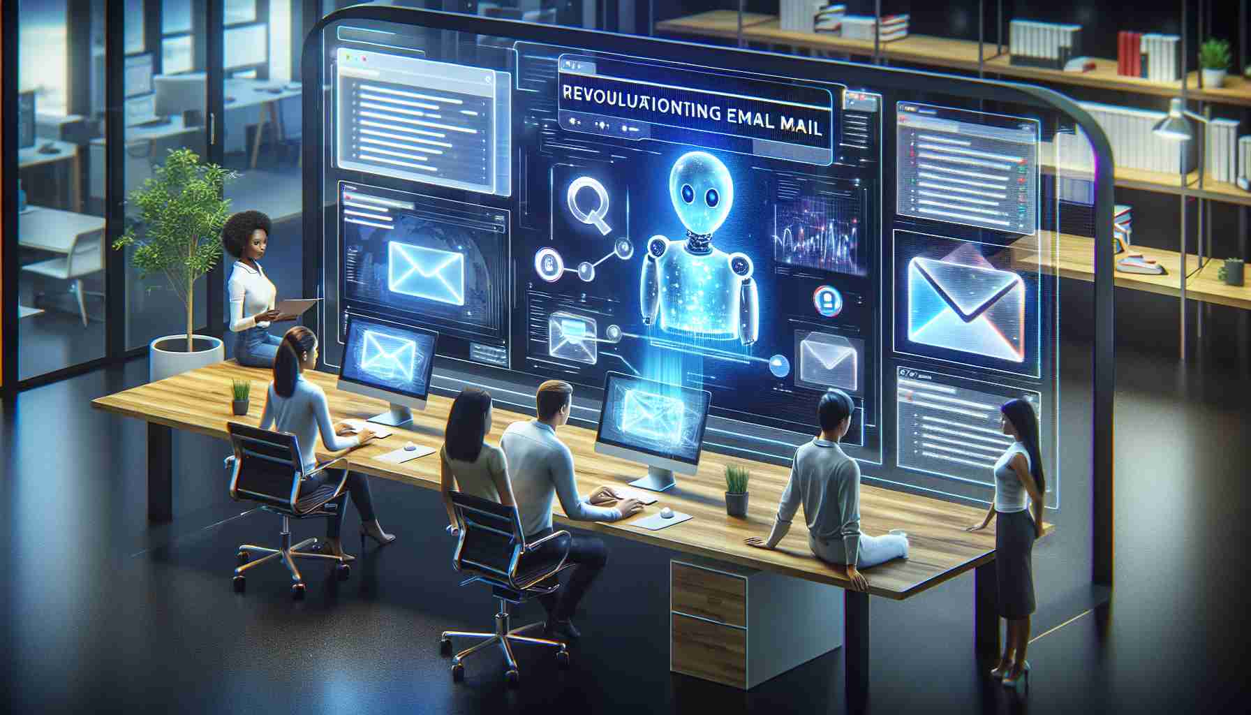 An HD quality, realistic illustration depicting the concept of revolutionizing email communication through AI-powered assistance. The image shows a contemporary workspace with a computer screen displaying an active email interface. The AI, represented as a translucent digital entity, is interacting with the interface, helping compose and organize emails. The scene also includes a diverse and gender-balanced group of individuals (a Black woman, a Hispanic man, a Caucasian woman, and an East Asian man) observing the process, showcasing user interaction with this innovative technology.