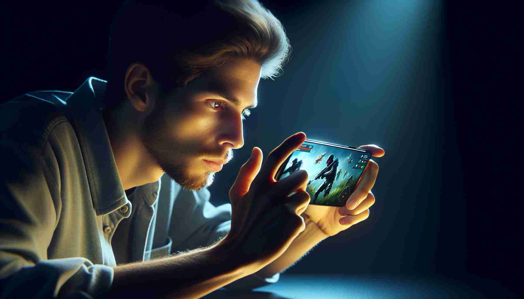 Create a high-definition, realistic image portraying the immersive gaming experience on a smartphone. The image should highlight a user fully engrossed in an intense game with a high-end gaming smartphone, likely the kind typically seen in an iPhone. The user's facial expressions should reflect deep concentration and interest. The smartphone screen should showcase a visually captivating game, but avoid referencing specific games or their characters. Illuminate the scene with soft light reflections from the screen, creating a calm and focused ambiance around the user.