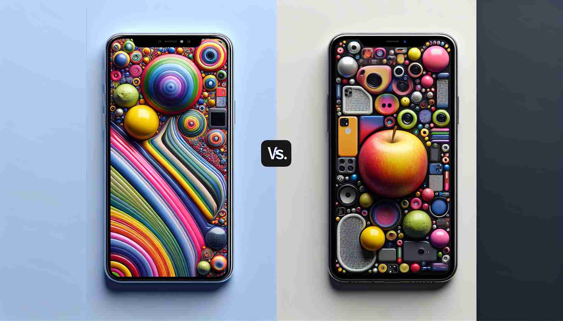 Generate a highly detailed and realistic image showcasing a comparison between the latest luxury model of a popular smartphone brand, noted for its fruit logo, and a more budget-friendly version of another smartphone. The image should highlight the distinct features of each phone such as their size, color, screen quality, and overall design.