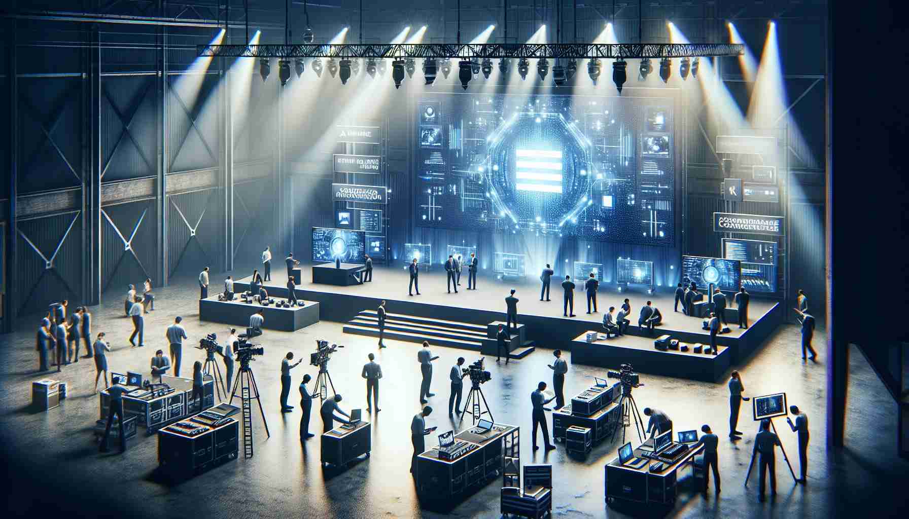 Depict a realistic, high-definition scene of a tech company set to reveal their latest innovations at an upcoming event. Visualize anticipation with people busy preparing - lighting engineers adjusting spotlight beams, event coordinators studying plans, and team of diverse technicians checking audio-visual equipment. Furthermore, the corporate logo is displayed prominently on the stage backdrop, and the latest tech gadgets are carefully placed on pedestals, ready to be revealed.