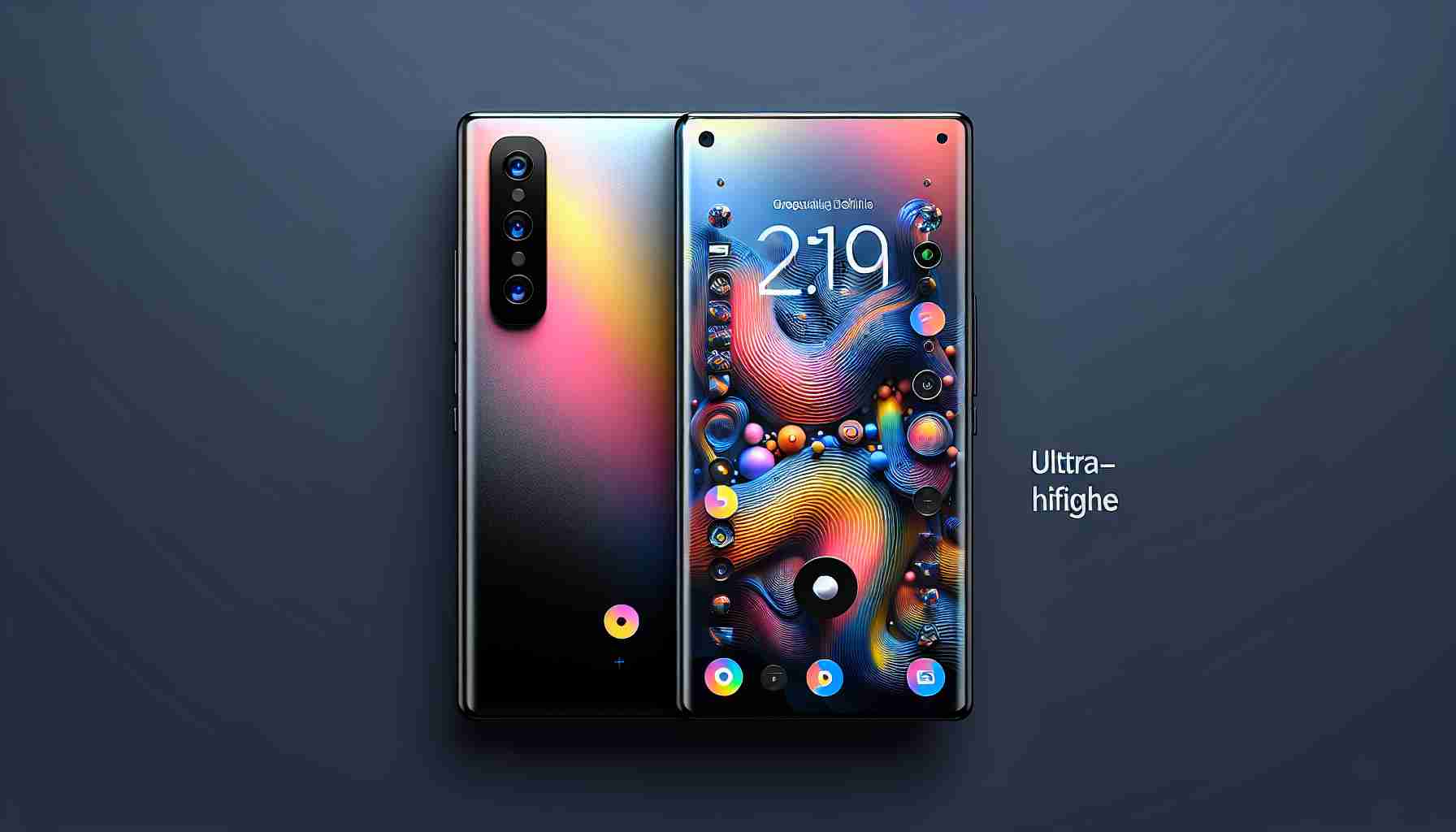 Create an ultra-high-definition, lifelike image of a fictional, cutting-edge smartphone called 'Glimmer Pixel 9'. It should showcase the sleek body of the phone, vivid screen display, and a groundbreaking design as a surprising, unconventional alternative. Don't forget intricate details like the camera module, buttons, and the logo on the back.