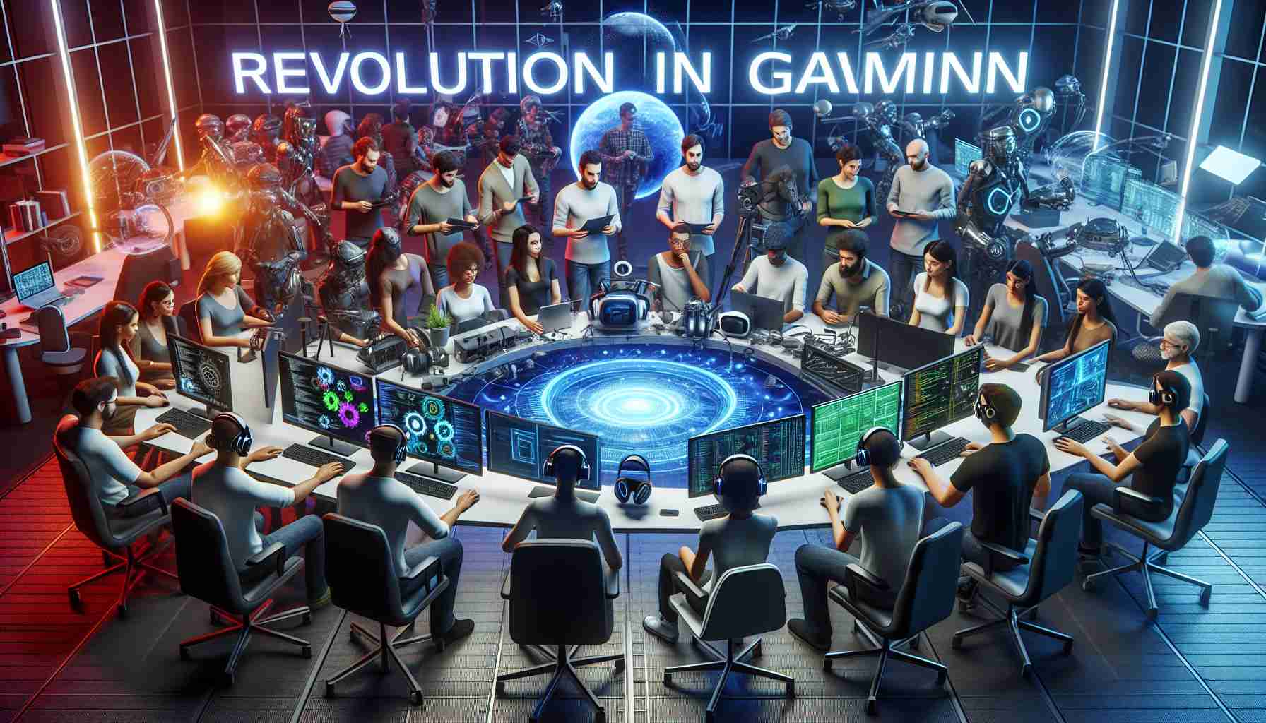 A high-definition, realistic image portraying a revolution in the gaming industry. The scene takes place in a virtual reality gaming studio filled with enthusiastic developers of different genders and diverse descents such as Middle-Eastern, Caucasian, Black, Hispanic, and South Asian. They are brainstorming around futuristic technology, like holographic displays, advanced VR headsets, and ultramodern gaming consoles. Each person is engaged in different tasks such as 3D modeling, coding, graphical designing, and immersive VR testing, displaying a collaborative and innovative environment.