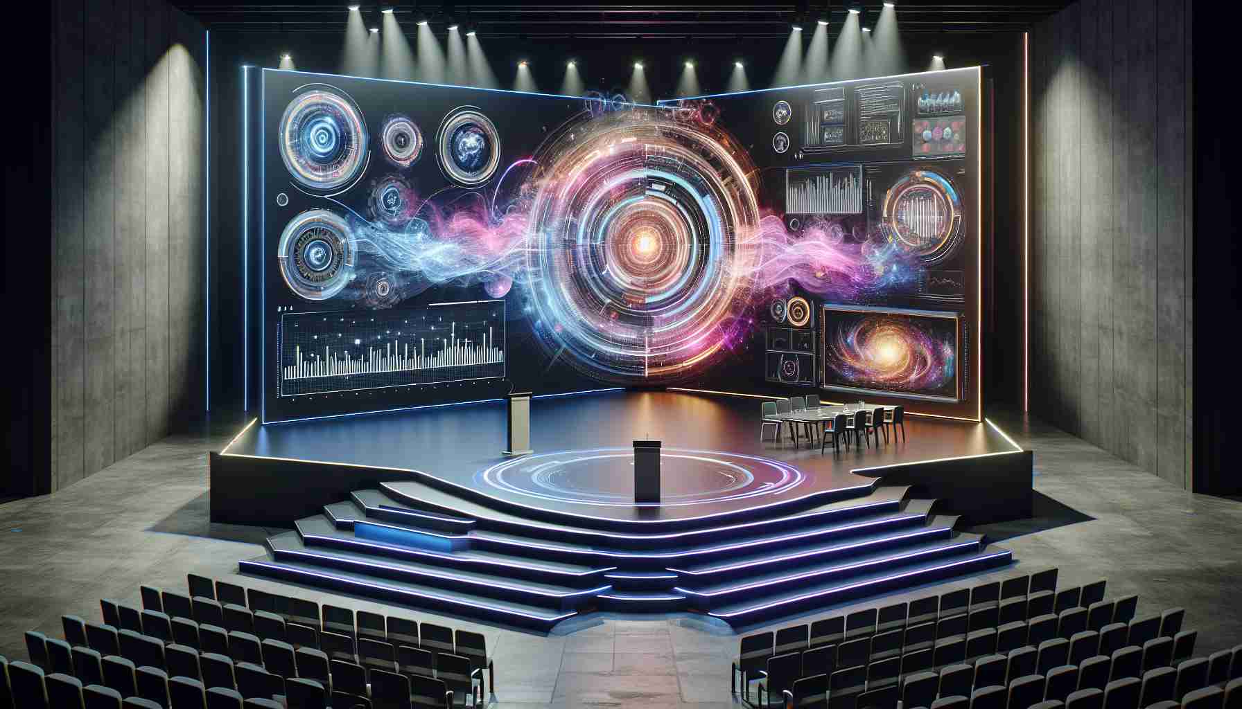 Creating a lifelike depiction of a significant technological advancement announcement. Picture an industry-leading tech company revealing innovative Artificial Intelligence features to the public. The image will contain a well-designed stage with minimalistic and sophisticated aesthetics. Futuristic screen displays dazzle with swirling colors, graphs, and diagrams representing the groundbreaking AI technology. The stage is set with microphones and lecterns, ready for the presentation. The overall atmosphere is filled with anticipation and excitement as it represents a milestone achievement in the sector. Please note that no specific branded details should be included.