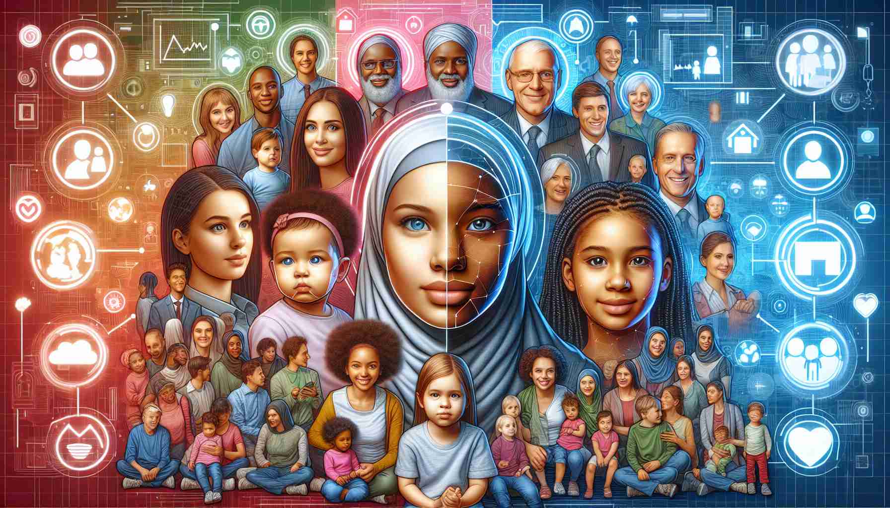 Create a high definition, realistic image that visually represents the concept of revolutionizing parenting with artificial intelligence. Illustrate a new perspective on this idea, showing a diverse blend of families including Caucasian, Black, Hispanic, Middle-Eastern, and South Asian individuals equally distributed. Consider showcasing various technologically advanced parenting tools and the positive impact on children's growth and development.