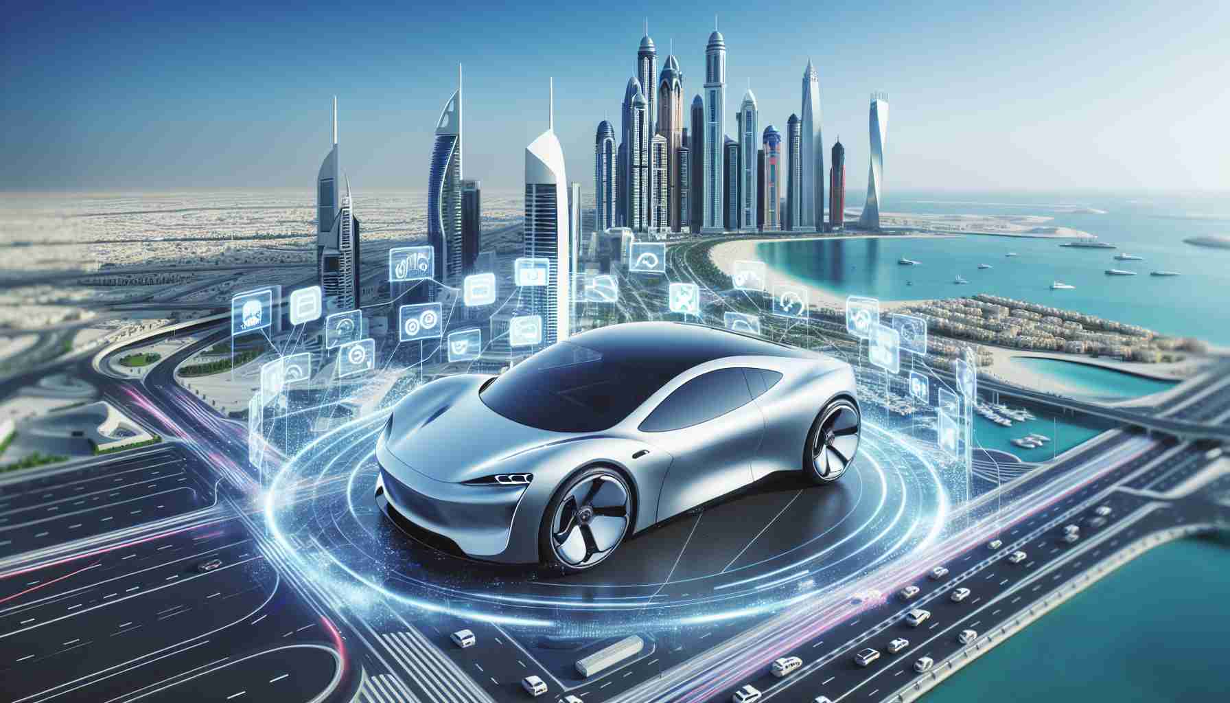 A realistic, high-definition image representing the expansion of a generic electric car company into the UAE market. This is symbolized by a sleek, futuristic-looking electric car in the middle of a modern cityscape with clearly visible UAE landmarks, like the Burj Al Arab or Palm Jumeirah. Digital representations of a newly launched website and social media account with several notifications indicating user engagement can be seen in the foreground.