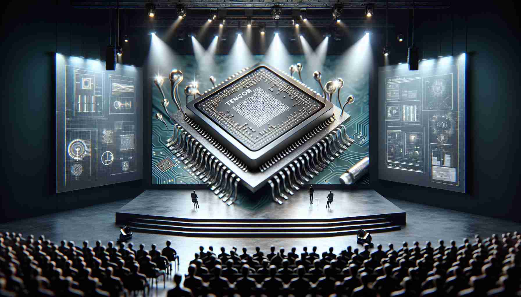 A realistic, high-definition image of a fictional, advanced tech company revealing groundbreaking improvements to their state-of-the-art 'Tensor G4' chipset. The chip is sleek, with a metallic sheen, abundant with technological nods such as circuits, microprocessors, and tiny LEDs. Various antenna appendages may also be seen, hinting at advanced communication capabilities. The setting of the revelation is a modern, aesthetically pleasing stage with spotlights, large screens displaying technical diagrams of the chipset, and an excited, technologically savvy audience.