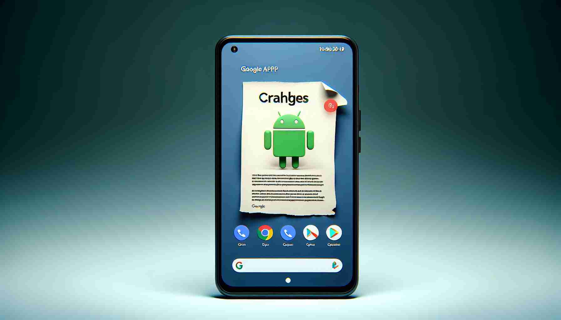 A realistic and detailed HD image of a smartphone screen displaying a letter of relief for Android users, indicating that Google app crashes have come to an end. The application icons vividly and visually indicate stability, and the software is showing it is up-to-date and functioning without issue.