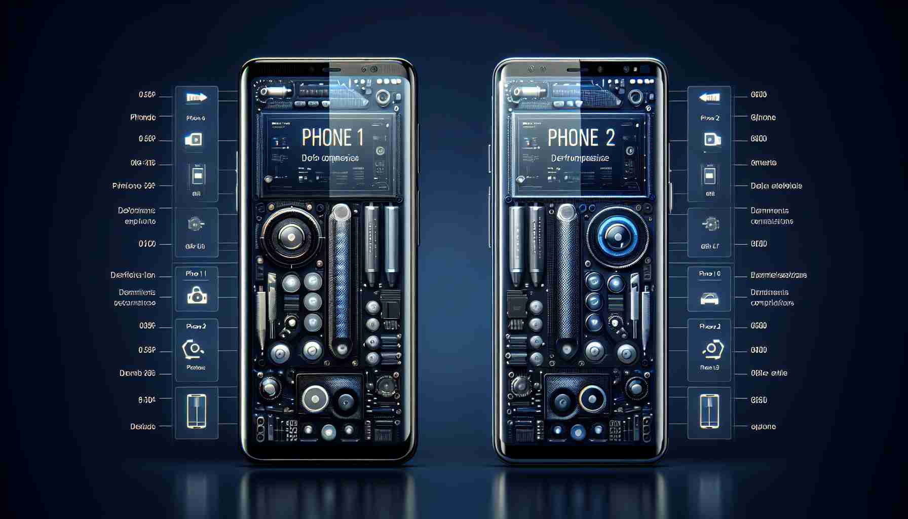 Generate a realistic high-definition image illustrating a detailed comparison between two contemporary smartphones with cutting-edge features. Visualize the Phones marked as 'Phone 1' and 'Phone 2' signifying newer and older models respectively. Highlight their different attributes, specifications, and design elements side by side, so the differences and similarities between them are easy to discern.