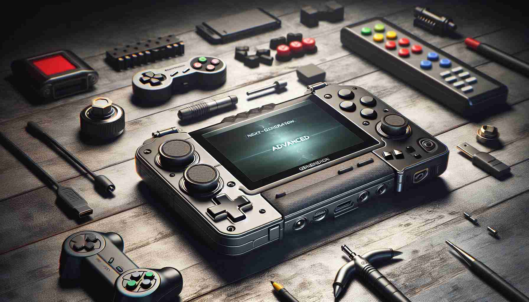 High-definition realistic image featuring a depiction of the advanced next-generation handheld gaming device, reminiscent in design to well-known game consoles, with enhanced features implied through visible additions