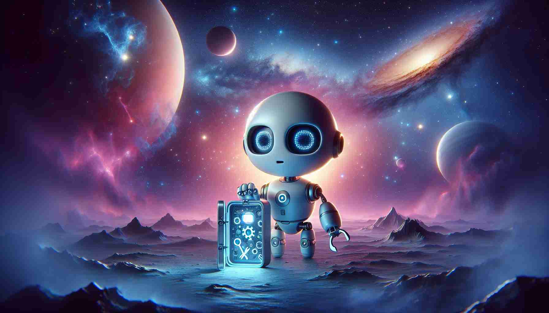 Generate a realistic, high-definition image featuring the unveiling of hidden secrets within a universe pertaining to a small, humanoid robot exploring the cosmos. The space setting should feature celestial bodies, glowing galaxies, and beautiful nebulae, while the robot should be depicted using a series of devices and tools to unlock these secrets. His design is simple but appealing: a rounded, cheerful face with digital eyes, a compact body of light color, and short limbs with advanced technology built-in.