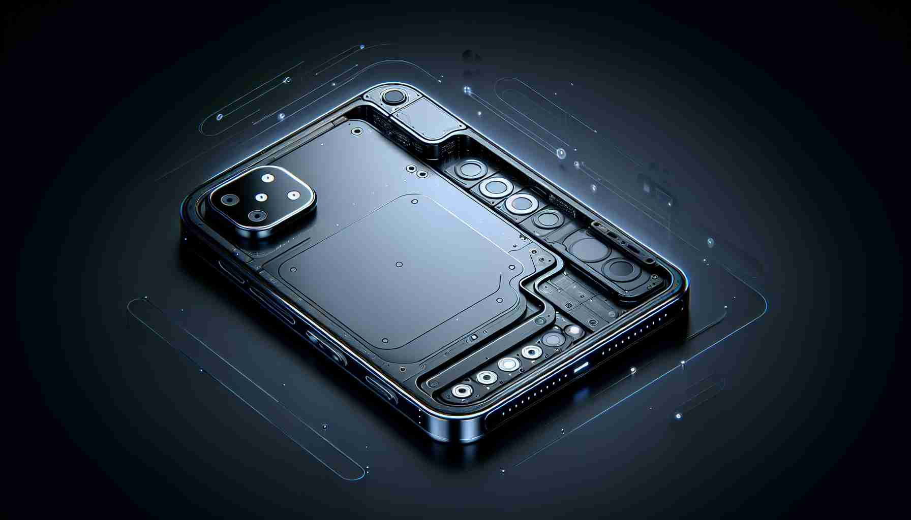 Create a high-definition, realistic image depicting a futuristic generation of smartphone. The device should embody revolutionary changes and state-of-the-art innovations, suggesting improvements in design, battery life, camera quality, processing power and overall user experience, while still maintaining its iconic rectangular shape with rounded edges and minimalistic design.