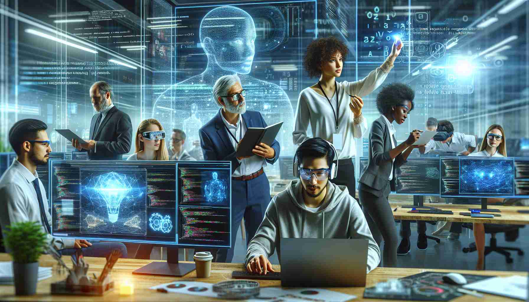 A high-definition, realistic image capturing the innovative spirit of an Artificial Intelligence start-up delivering cutting-edge technology. The scene includes several diverse individuals, from the South Asian CEO, a Caucasian woman coding on her laptop, a Middle-Eastern man drawing out the logic on a whiteboard, and a Black woman with her virtual reality headset on exploring new digital dimensions. Around them are screens showcasing advanced AI algorithms, futuristic workstations, and an environment brimming with the pulse of innovation.