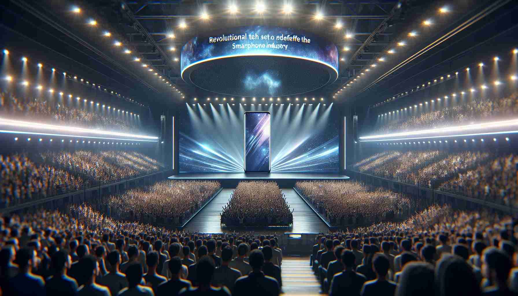 Generate a realistic HD image of an event in a large auditorium filled with a large, excited audience. The stage is grand and carries a massive banner that reads 'Revolutionary Tech Event - Set to Redefine the Smartphone Industry'. There are spotlights focused on the stage and huge screens display a sleek, futuristic smartphone design. The ambience should reflect anticipation and excitement.