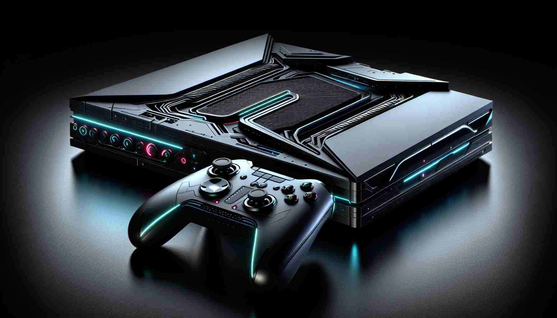 Detailed and high-definition image of a state-of-the-art gaming console, heralded as the future of entertainment. The console has a sleek ergonomic design, primarily black in color with neon highlights. It features an intuitive control panel and is paired with wireless futuristic controllers. The design indicates cutting-edge technology and promises exciting, immersive gaming experiences.