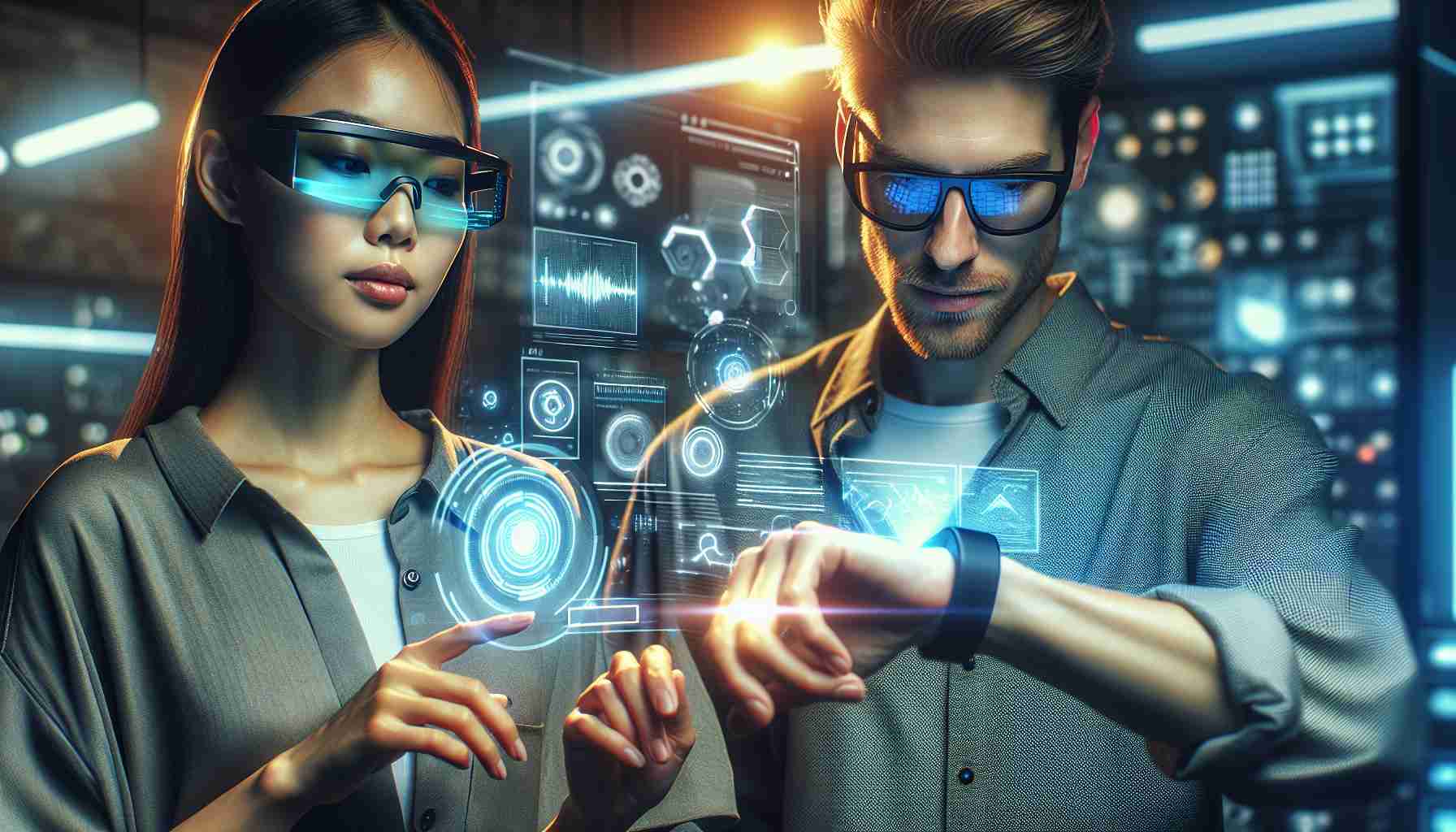 Create an HD photo capturing a glimpse of the future of wearable technology. It shows an East Asian woman wearing a pair of sleek, trendy smart glasses while browsing through holographic data. Beside her, a Caucasian man interacts with a holographic computer interface generated from his smartwatch. They are in a modern environment filled with advanced tech devices, all designed to create a transformational shift in our daily lives. Colors, lighting, and details should express a futuristic, innovative atmosphere.