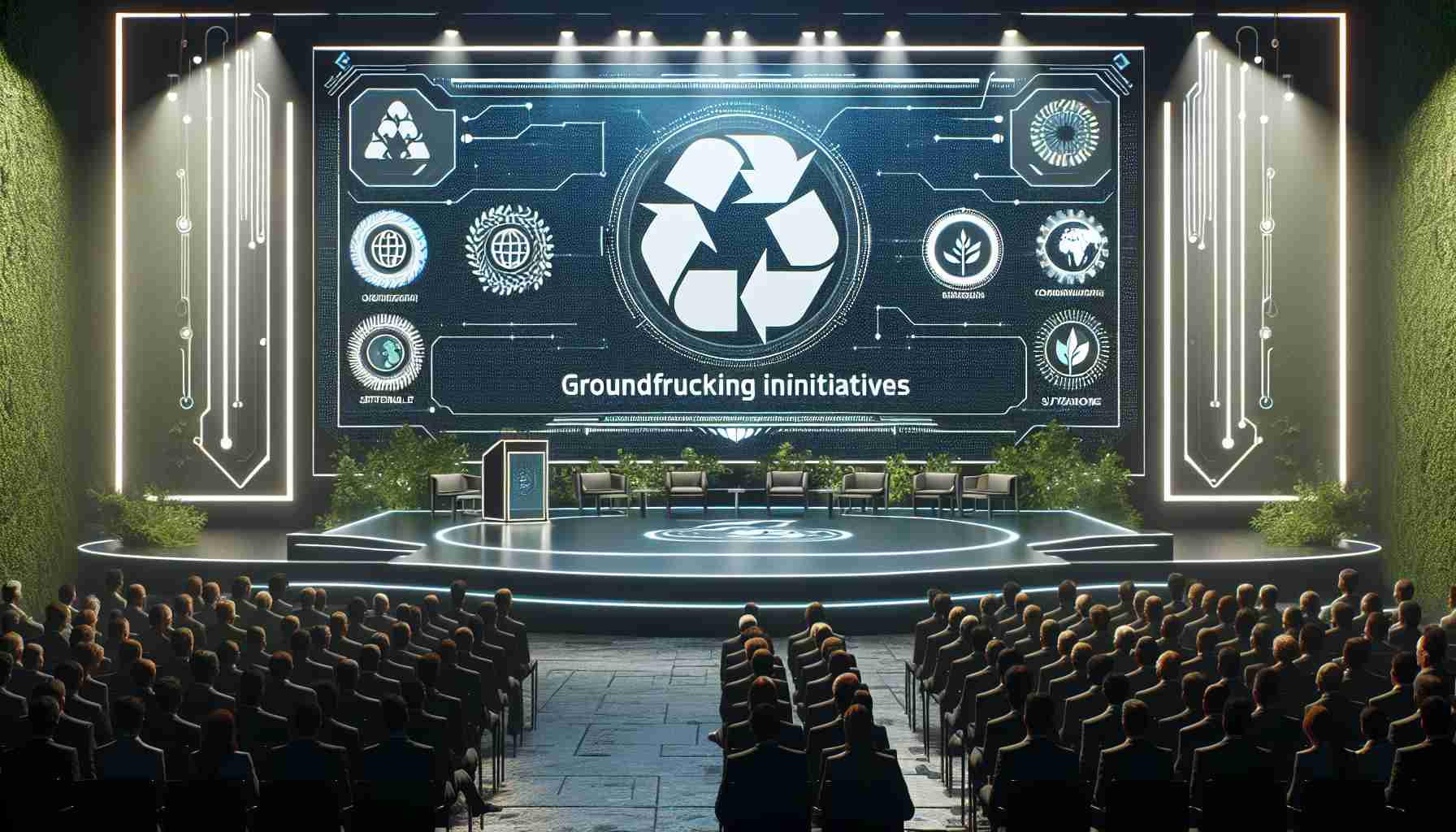 High-definition photo of a corporate stage setting with a large digital presentation screen displaying the logo of a fictional technology company. The screen also announces groundbreaking initiatives on environment sustainability. Eco-friendly stage designs along with the audience filled with eager professionals awaiting the iconic announcement.