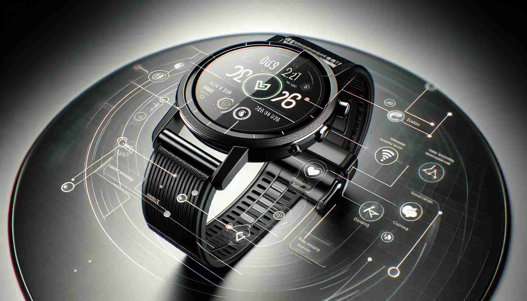 Generate a realistic, high-definition image of a modern smartwatch displaying a variety of innovative features. The smartwatch should have a sleek, streamlined design, reflecting the latest in wearable technology. It could include features such as fitness trackers, notification alerts, voice recognition systems, while maintaining a user-friendly interface. The background can be a minimalistic pattern to emphasize the watch and its features.