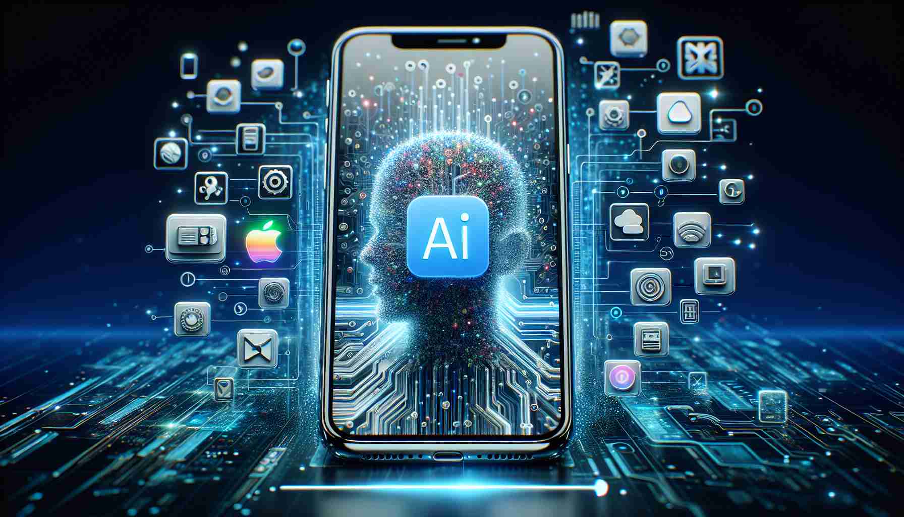 A highly-detailed, realistic image showcasing the integration of revolutionary AI technology in the latest iOS 18.2 update. The image could display a device screen with the operating system interface, perhaps highlighting innovative AI-based applications or features. Illustrate how this advanced technology seamlessly enhances the user experience, perhaps via intuitive app sorting, predictive typing, or advanced voice recognition. The backdrop could consist of digital particles to emphasize the high-tech nature of the theme.