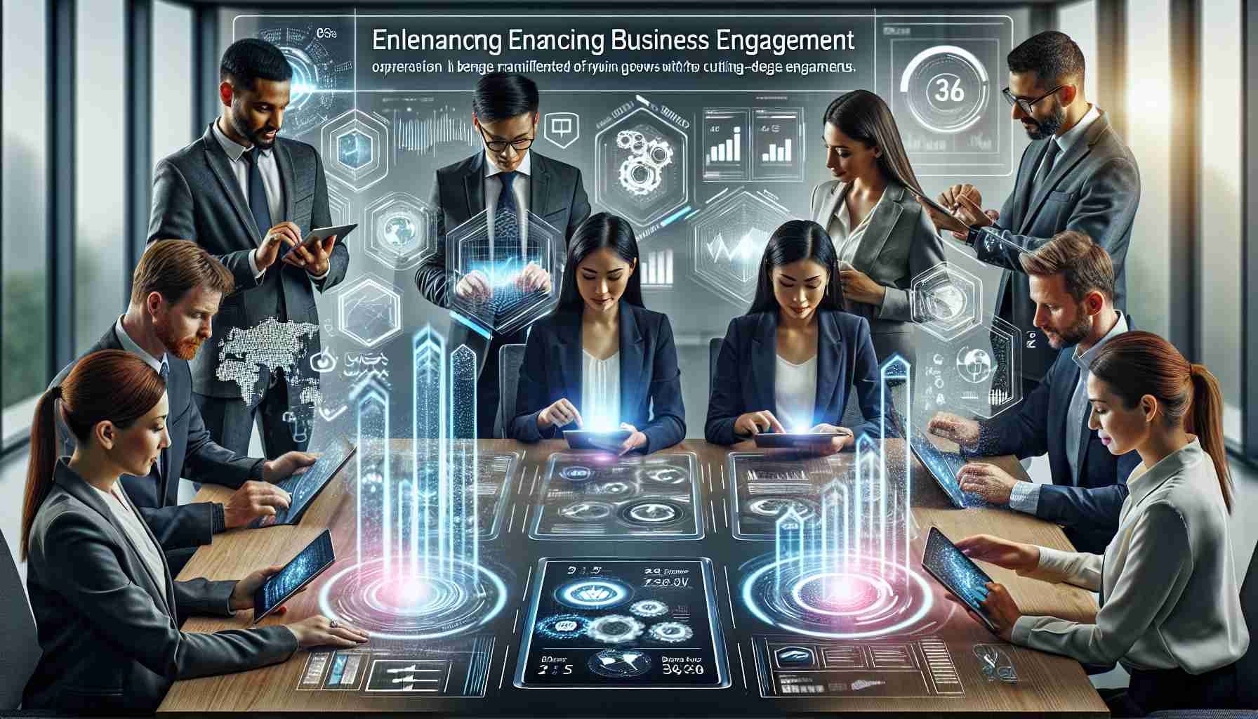 Image of a modern office setting where business operations are being revolutionized with a selection of high-tech tools represented by futuristic smart devices. These tools are manifested on sleek tablets with cutting-edge features. The office consists of various professionals – an Asian female project manager, a Black male business analyst, a Middle Eastern female coder, and a Caucasian male marketer – working together under a banner that reads 'Enhancing Business Engagement'. Displayed on their devices are graphics of rising growth charts and interactive diagrams as they explore innovative ways of client engagement.