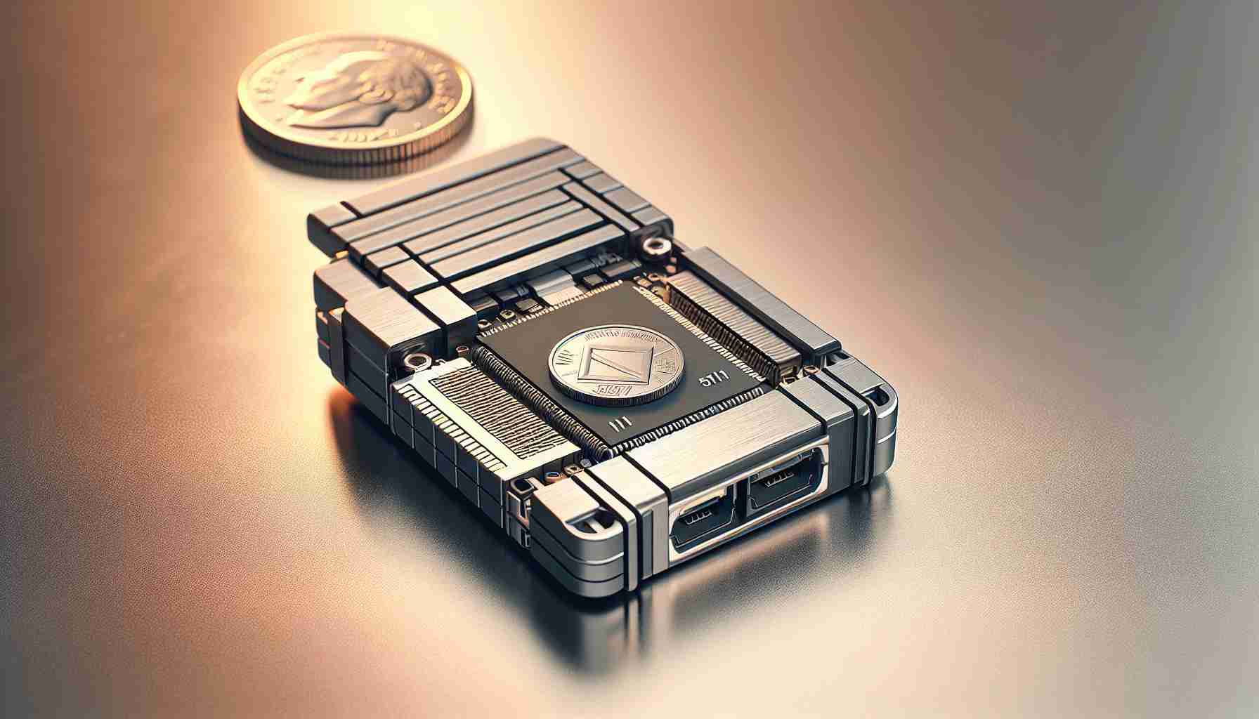 A high-definition image of a unmatchable new invention - a computing marvel compact enough to snugly fit within the confines of a pocket. This visual representation should exhibit a detailed close-up of the device, highlighting its miniature size in relation to an everyday object such as a coin or a key for size comparison. The device will feature sleek and modern design aesthetics, perhaps echoing the clean lines of art deco style, showcasing state-of-the-art technology that's extraordinarily portable.