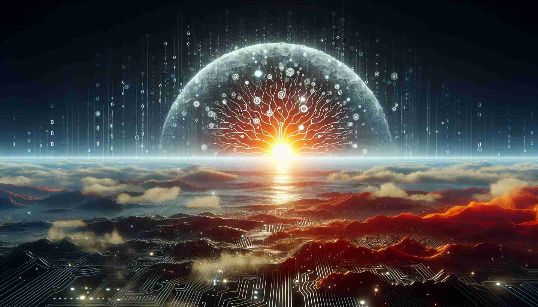 An ultra high definition depiction of the concept 'The Rise of Innovative Generative AI Models', possibly portrayed as a rising sun breaking over the horizon of a vast digital landscape. Reference to the dawn can symbolize the 'rise', while the digital elements, such as binary code, circuits and algorithms, represent the 'Innovative Generative AI Models'. Perhaps the sun could have illustrations of neurons and synapses, echoing the structure of AI, to further emphasize the theme.