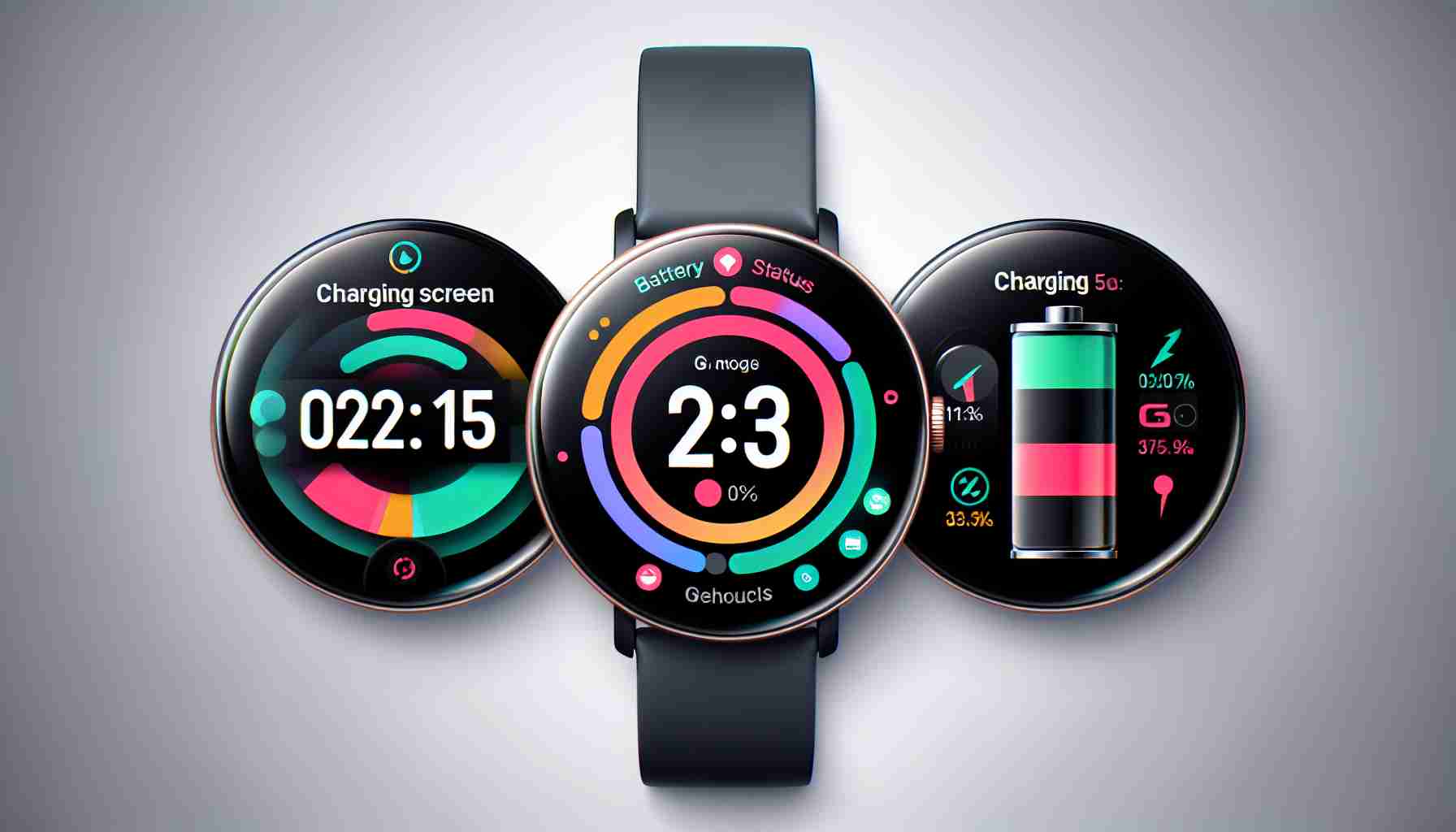 Create a high definition realistic image of a new charging screen design for a generic smartwatch model using a hypothetical operating system named Wear OS 5. The design should give clear indication of battery status and time, boosted with modern aesthetics such as minimalist layout and use of bold colors.