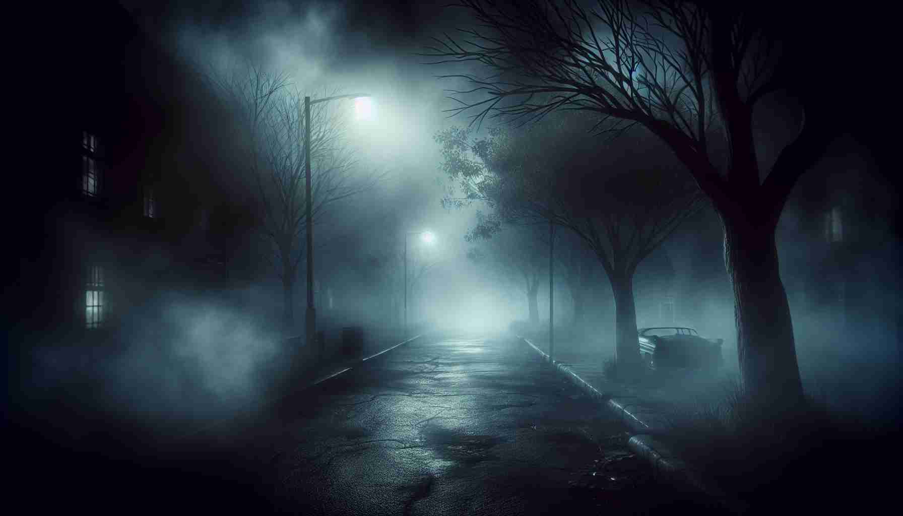 High definition, photorealistic image of a terrifying scene unfolding under the cover of a foggy night. An eerily vacant street shrouded in a dense, chilling mist. The air is tinged with an ominous feeling, suggesting that something dreadful is about to happen. The fog, along with the hushed silence of the night, creates an environment that embodies a tale of horror yet to be told.