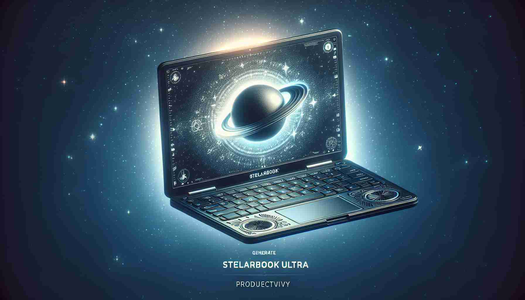 Generate a high-definition, realistic image of a revolutionary productivity tool. Let's visualize the StellarBook Ultra. This item is a state-of-the-art piece of technology designed for boosting productivity. It should have a sleek, modern design with the words 'StellarBook Ultra' prominently displayed on its surface. The product should symbolize innovation and efficiency.