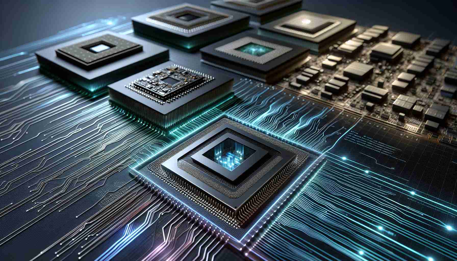 A highly detailed and realistic image showcasing advancements in mobile chipsets. It should depict a progression line starting with basic, early versions of mobile chipsets, moving towards more complex designs. The latest chipsets should be shown in the foreground with high-quality detail to exhibit their technical intricacies. Additional elements can be incorporated such as microscopic views of the chips' architecture, visual data flows, or symbolic representations of enhanced speed and efficiency.