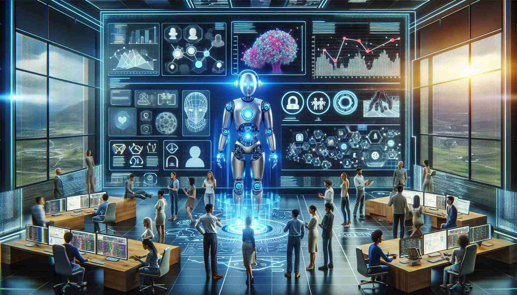 Detailed image portraying the concept of 'Revolutionizing AI Moderation: A New Era in Content Control'. Imagine a futuristic digital control room in high definition. There are glowing screens displaying graphs and data regarding artificial intelligence's role in moderation. A diverse group of AI developers, both males and females from different descents such as Caucasian, Hispanic, Black, Middle-Eastern, South Asian, are working collaboratively around a holographic interface projecting algorithms and code for the AI system. In the foreground, there's an AI robot or avatar portrayed as a symbol of content control.