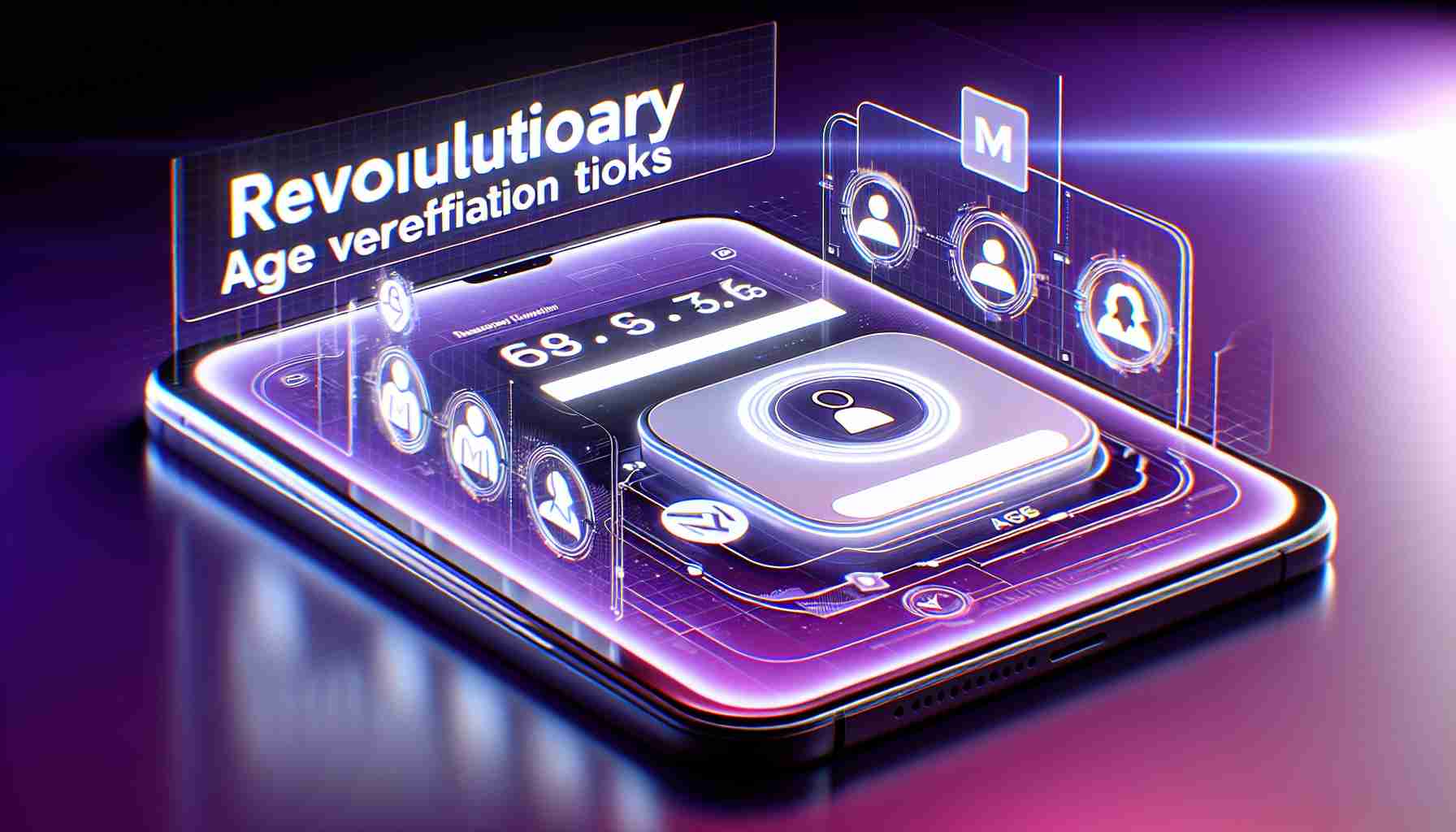 A realistic, high-definition image showcasing a social media platform introducing revolutionary age verification tools. The image emphasizes the digital interface of the platform, specifically focusing on the new age verification feature, illustrated as a series of authentication steps on screen. The colours that are dominantly used are purple, white, and a bit of pink. Important to note, the social media logo is replaced with a non-specific, generic logo, instead of the 'M' that is typically used.