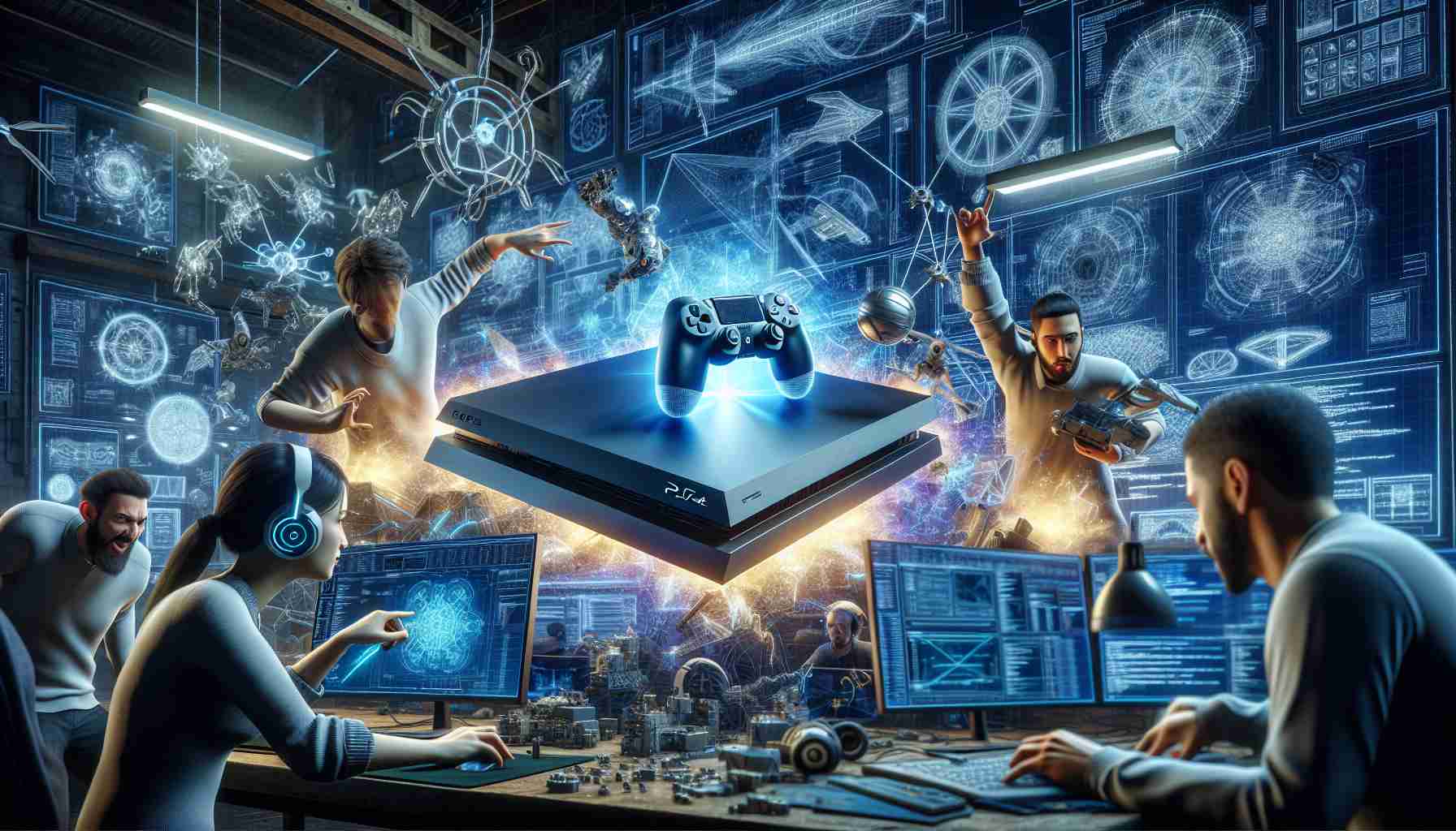 High-definition, realistic image depicting an exciting moment in the gaming industry. Visualize a cutting-edge gaming console with state-of-the-art design, surrounded by a vibrant glow, as if it is the latest innovation. Also include representations of the process, such as 3D design blueprints and prototypes, as well as fast-paced coding on multiple computer screens. There are several characters in the scene too: a Caucasian female engineer with a headset focused on the blueprints, a Hispanic male designer sculpting the prototype, and a Middle-Eastern male coder intently working on his computer. All are visibly excited and passionate about their work.