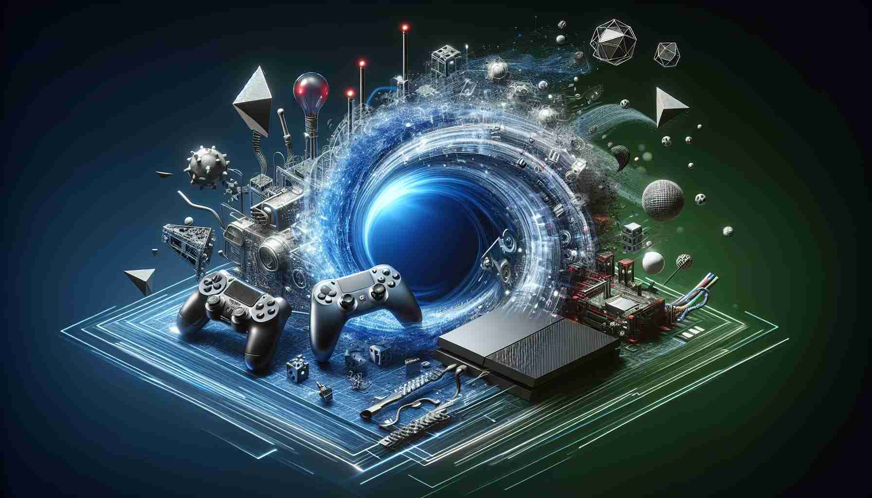 High-definition, realistically rendered image that symbolizes the concept of a gaming ecosystem undergoing a revolutionary transformation, with elements indicating advanced technology, gaming consoles, and a fluid transition for better performance.