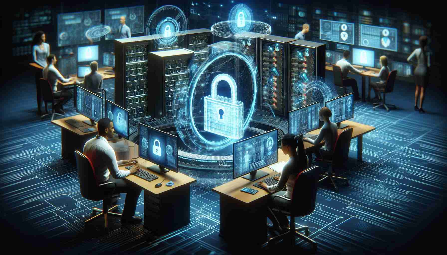 A high-definition, realistic illustration that depicts the concept of revolutionizing online safety with cutting-edge technology. The scene should include elements like advanced computer servers, glowing holograms of padlocks symbolizing security, and innovative digital interfaces showing real-time analyses of cyber threats. Also include human figures, like a middle-aged South Asian woman and a young Black man, both of them cybersecurity experts, busy at their high-tech stations working diligently to ensure the online world's safety.