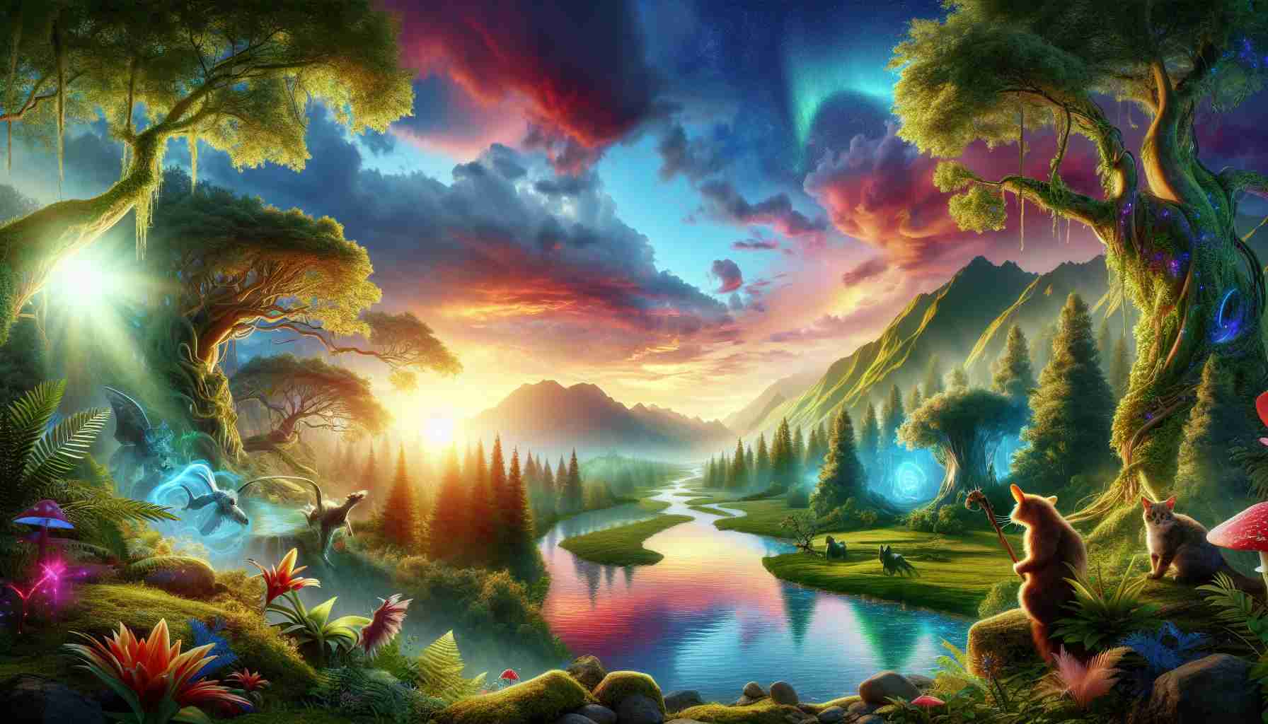 Create a highly detailed and realistic image of a fantastical place known as 'The Enchanted Realm'. Show a scene of a thrilling adventure being unleashed - brightly-lit skies reflecting multiple colors as the sun sets, lush green forests with towering ancient trees, mysterious hidden valleys, sparkling rivers meandering through the landscape, and magical creatures peeking curiously from the undergrowth. Fill the atmosphere with enchantment, portraying an air of suspense and excitement, suggesting the start of an extraordinary journey.