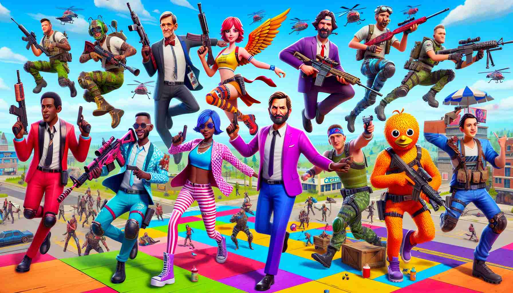 A vibrant, high-definition image showcasing a fictional battle royale video game's collaboration with several unidentified celebrities. Each celebrity maintains their distinctive physique but has been transformed into a unique game character with modified styles, colors and features. They are in dynamic poses on a colorful and detailed battleground, each equipped with quirky game-specific weaponry and items. It's clear the game is of the popular 'survive till the end' genre.