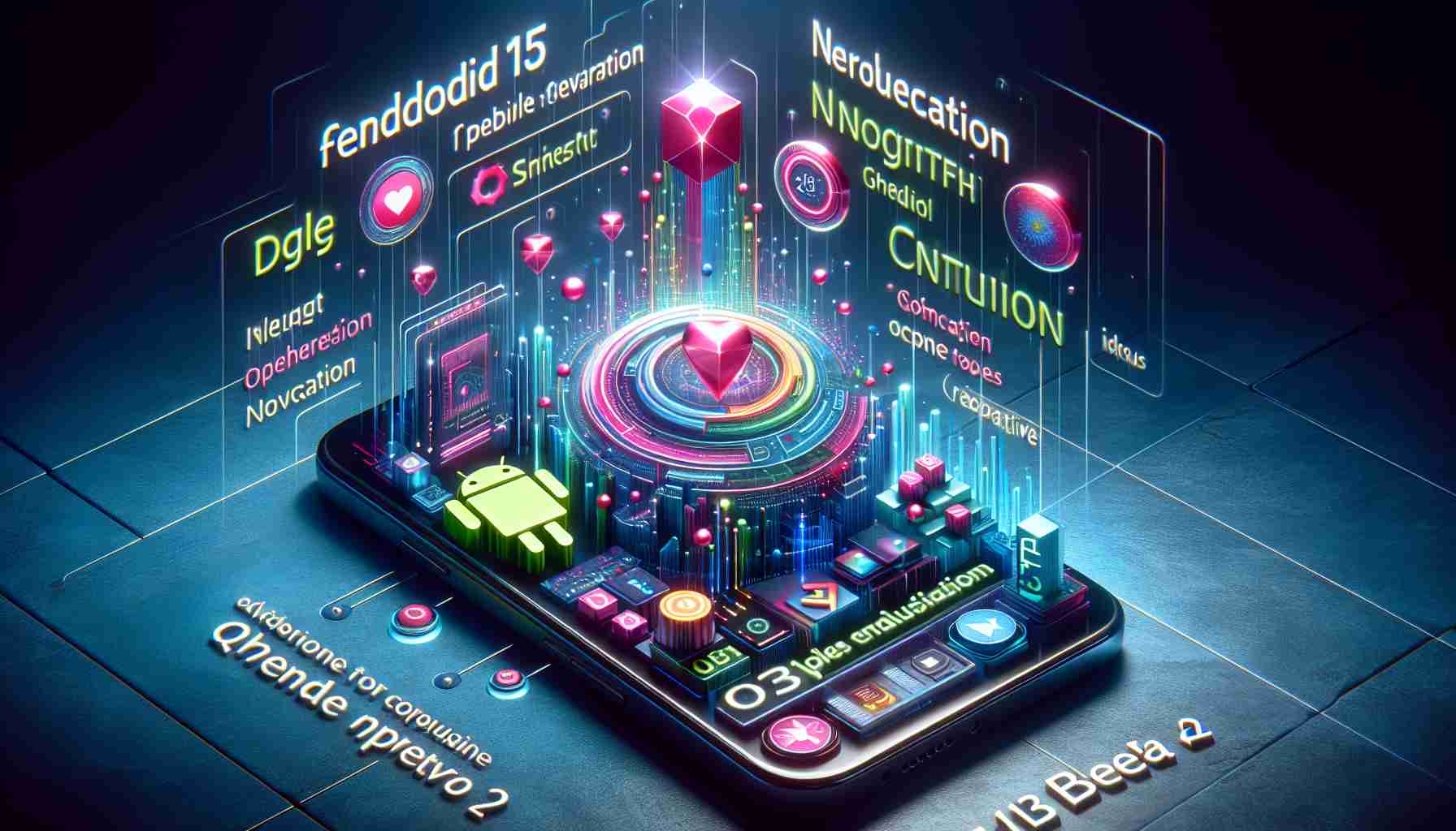 A vibrant and highly detailed image representation of the latest features introduced in a fictional mobile operating system version, similar to Android 15 QPR2 Beta 2! This includes a visualisation of an edgy interface, innovative apps, smooth navigation, and computational prowess. The feel of excitement and newness should be prominent.