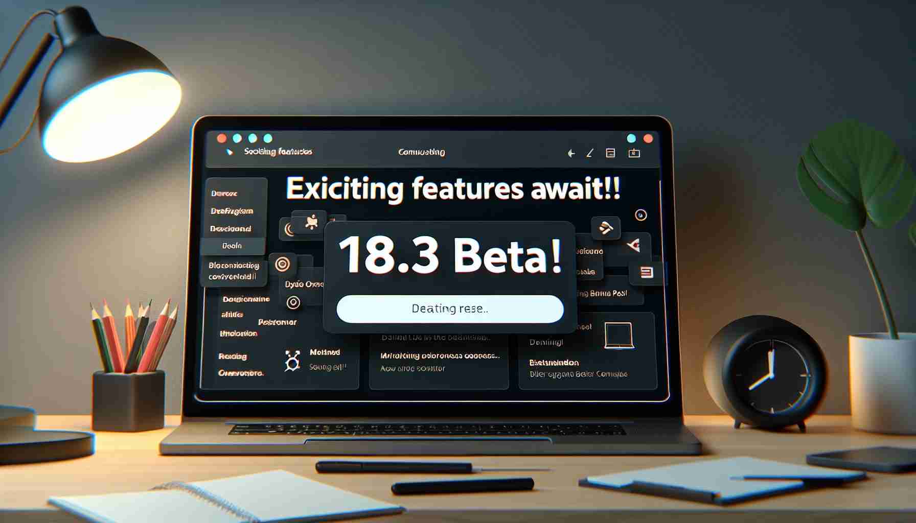 Create a realistic high-definition image showcasing an announcement of a new software update. The screen should display the text 'Exciting Features Await! 18.3 Beta Released!' suggesting the introduction of a new operating system version.