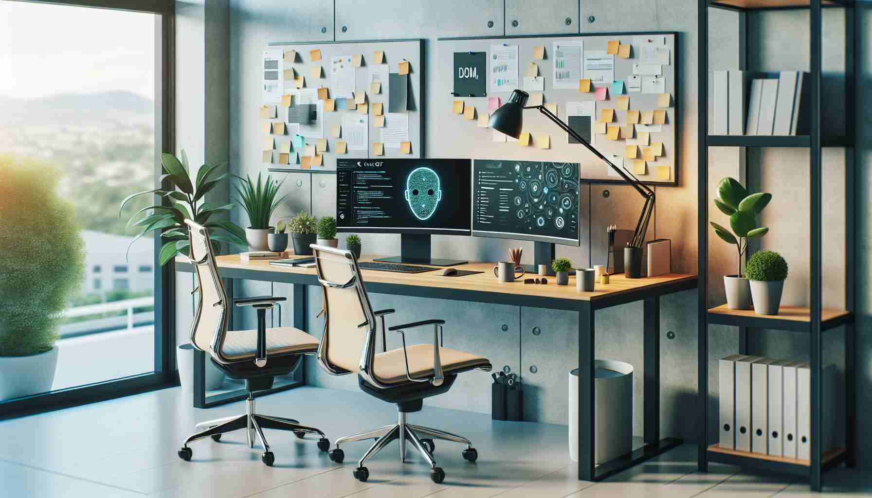 A high-definition, realistic image of a modern and innovative workspace. The room should be well-lit with natural light, showcasing a clean desk setup with dual monitors, an ergonomic chair, memo boards with post-its, and various office plants. There may also be an open laptop screen that shows a ChatGPT interface on it, symbolizing the integration of AI technology into day-to-day tasks to transform and revolutionize the future of work.