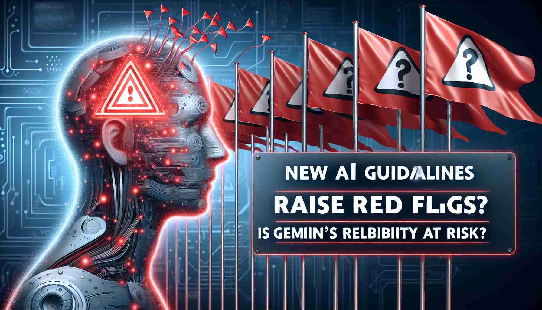 An image depicting a realistic HD interpretation of the text 'New AI Guidelines Raise Red Flags! Is Gemini’s Reliability at Risk?' The text is in bold and eye-catching. The background reflects a technological, futuristic theme to represent the AI. Additionally, a series of red flags metaphorically shown, rising upwards. On one side, we see a symbol or logo of 'Gemini', looking as if it's under pressure or at risk.