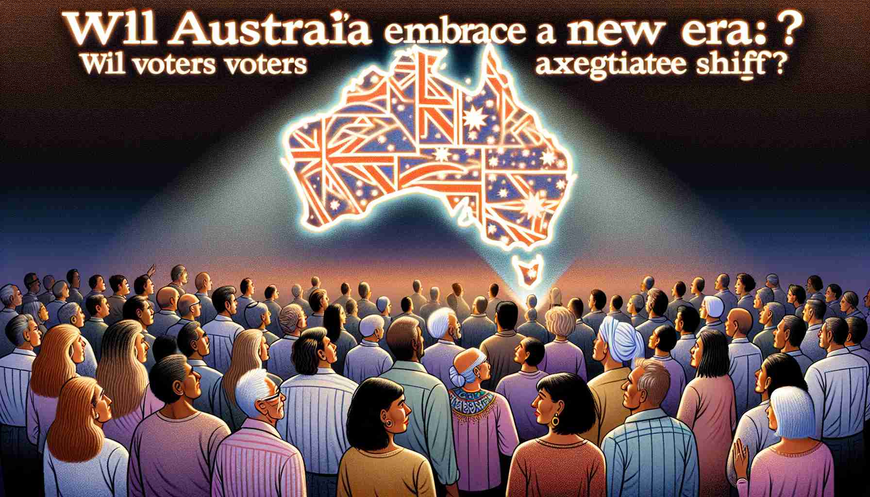 An illustrative visual interpretation of the headline 'Will Australia Embrace a New Era? Voters Anticipate a Shift!'. Portray a symbolic representation of Australia and the public sentiment of awaiting transformation. Towards the right of the scene, have a group of diverse Australian voters represented by a mixed group of men and women of Caucasian, Aboriginal, South Asian, Middle-Eastern, and Asian descent. They are intently looking towards the left at a lit up outline of Australia which signifies the dawn of a new era.