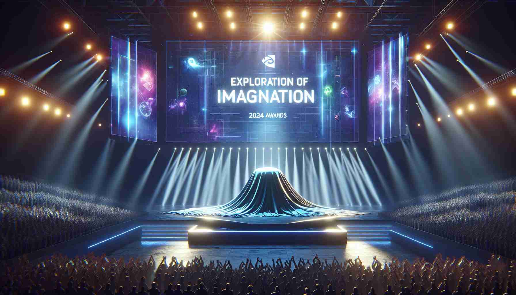 Realistically rendered high-definition image of the grand reveal at a fictional game award event in 2024. The scene captures an atmosphere of suspense and anticipation, with bright stage lights illuminating a large covered object on stage, hinting at the massive surprise that awaits. The large crystal clear screen behind the stage displays the event's title in dynamic, vibrant letters: 'Exploration of Imagination: 2024 Game Awards'. Ambient crowd roars and clapping hands can be seen in the foreground, upping the enthusiasm for the forthcoming revelation.