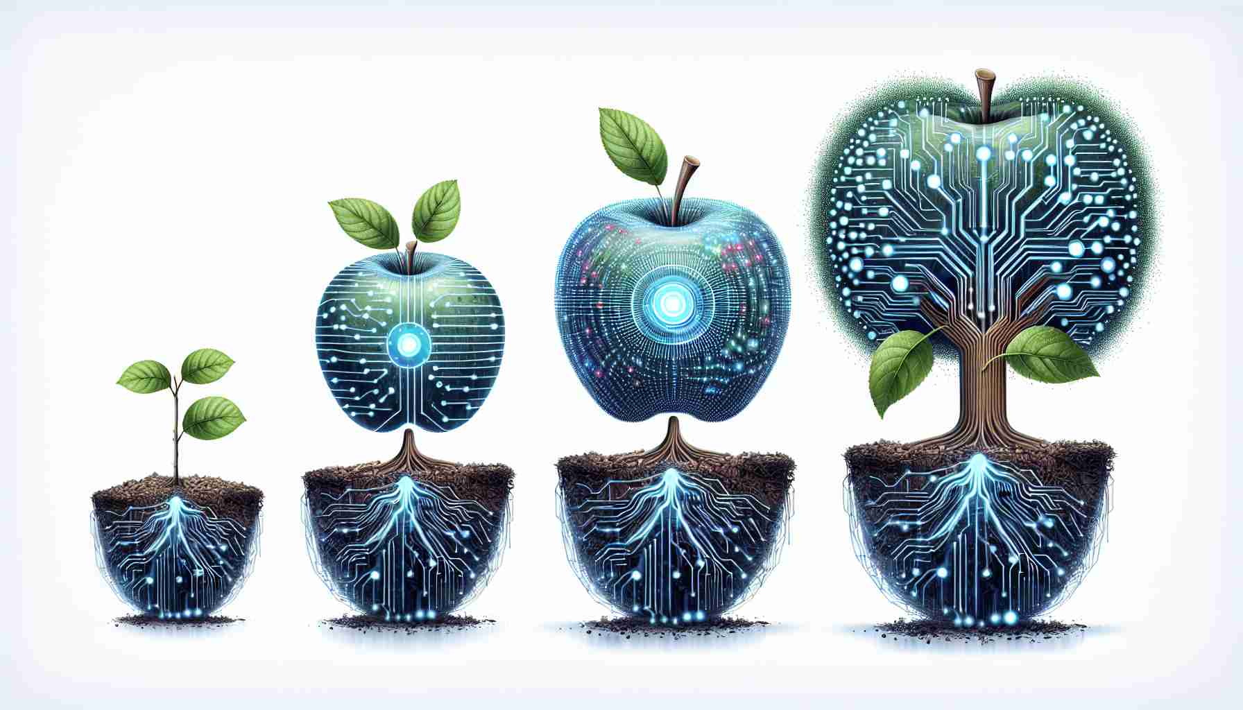 An illustration in high definition and realistic style showcasing the progression of artificial intelligence technology, symbolized by an apple. This could visualize stages from seed, to sprout, to a mature apple tree. This advancement should symbolize the future expectations and potential developments in the field of AI.