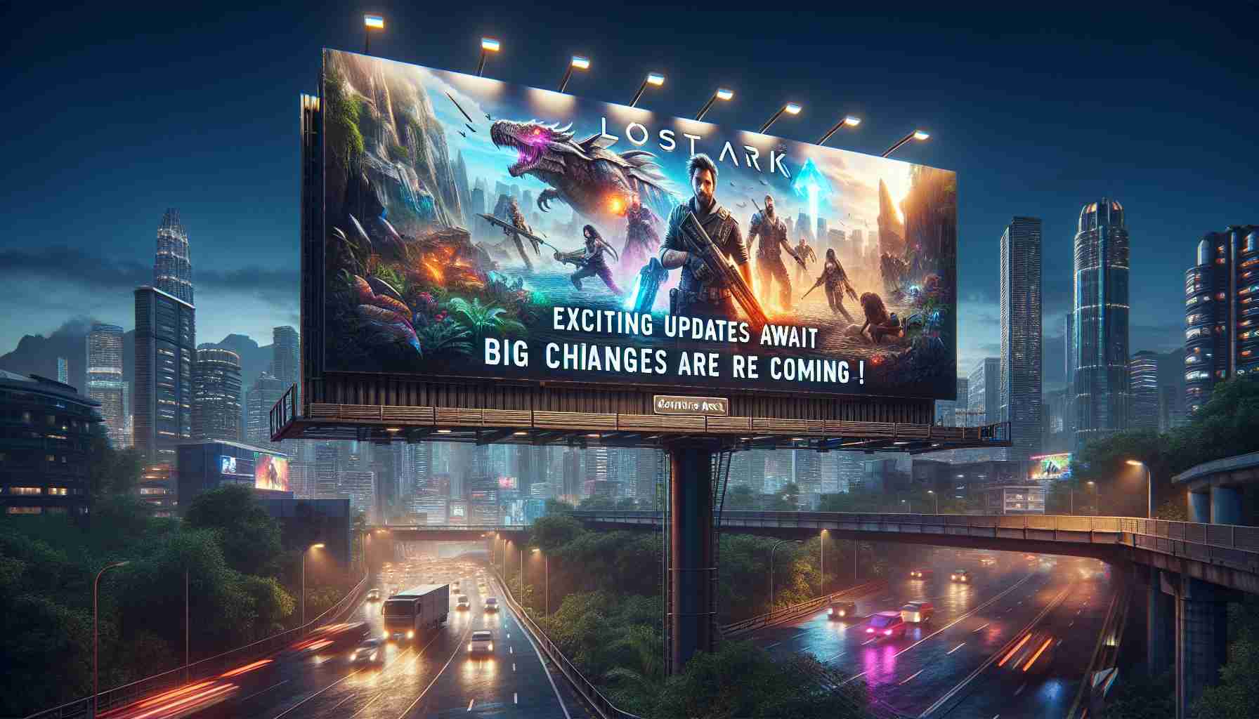 A realistic high-definition image of a computer game billboard situated in a bustling city. The billboard shows the title 'Lost Ark' in bold, striking letters, alongside vibrant, eye-catching images of the game's characters and landscapes. Written across the billboard in big, neon letters is the caption: 'Exciting Updates Await Lost Ark Players! Big Changes Are Coming!' The skyline behind the billboard is packed with skyscrapers, where most lights are turned on, indicating it's evening time.