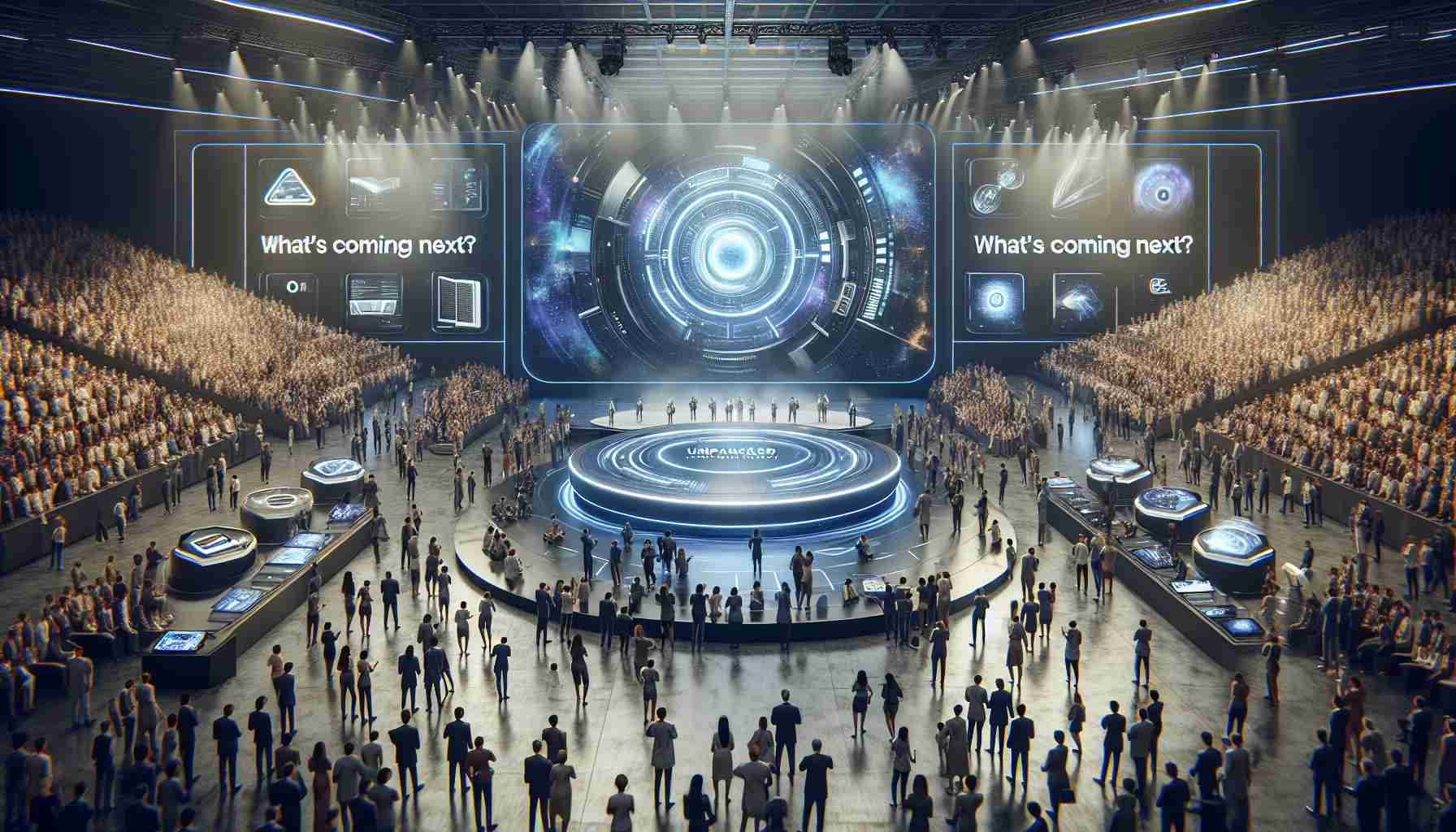 A high-definition, realistic illustration of a futuristic tech event taking place in 2025. Imagine a grand stage with a large screen showcasing the title 'Unpacked: What's Coming Next?'. Surrounding the stage, there are tech innovations displayed on pedestals. Numerous people are milling around, viewing and interacting with the technology. The audience is composed of women and men of diverse descents such as Caucasian, Hispanic, Black, Middle-Eastern, and South Asian. The atmosphere is electric with anticipation.